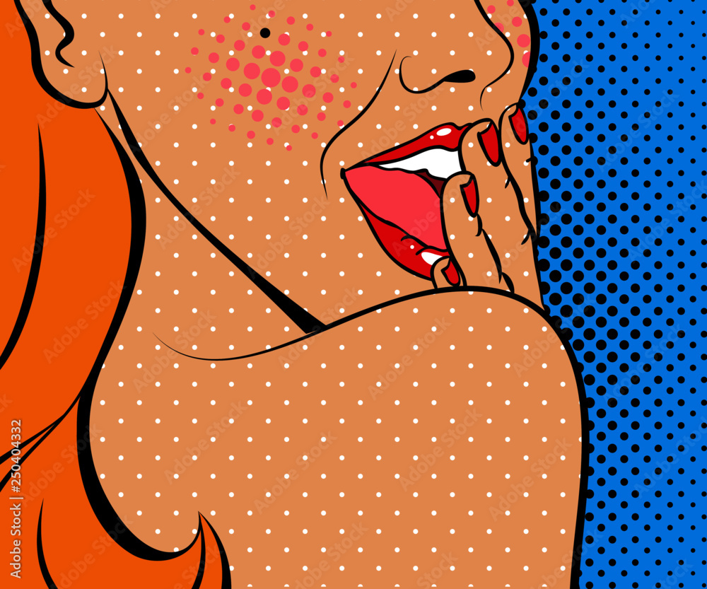 Sexy pop art woman with  open mouth. Vector background in comic style retro pop art.  Mouth close up.