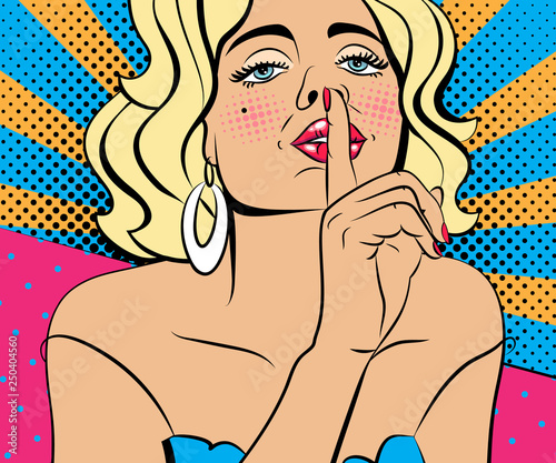 Sexy pop art woman with beautiful eyes and mouth. background in comic style retro pop art.  Face close-up.