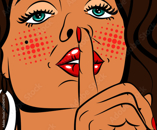 Sexy, brown-haired pop art woman with beautiful eyes and mouth, in evening dress. Vector background in comic style retro pop art. Face close-up.