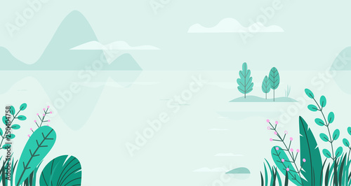 Flat vector background of spring landscape with minimal trees  lake  mountains  flowers  grass. Fantasy nature seamless border. Summer cartoon illustration