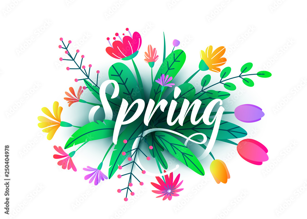 Spring word vector background with flat minimal flowers, leaves isolated on  white. Floral springtime graphic design illustration for fashion poster,  sale banner, greeting card, t-shirt, invitation Stock Vector | Adobe Stock