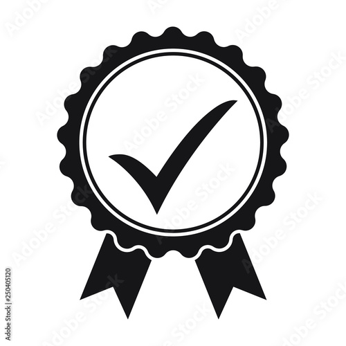 Quality check ribbon icon. Vector product certified or best choice recommended award and warranty check approved certificate mark label