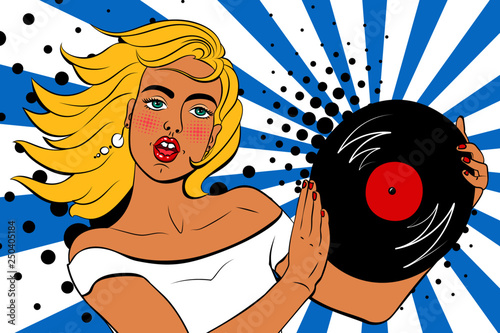 Sexy, surprised blonde pop art woman with beautiful eyes and open mouth, holds a musical plate in her hands. Vector background in comic style retro pop art. Invitation to a retro party. Face close-up.