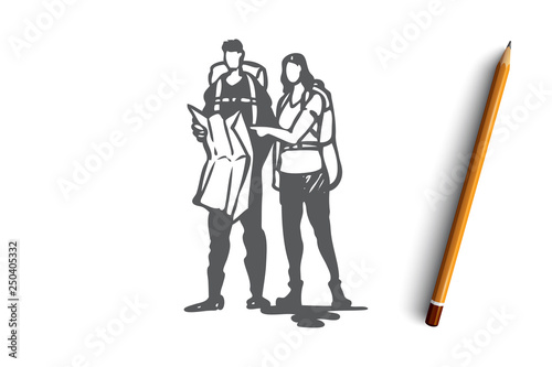 Tourists, map, travel, route, journey concept. Hand drawn isolated vector.