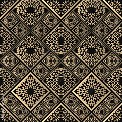 Seamless pattern oriental ornament. Black and golden textile print. Islamic vector design. Floral tiles.