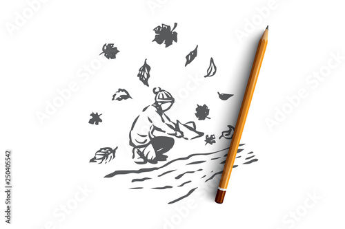 Autumn, boy, river, season, paper concept. Hand drawn isolated vector.