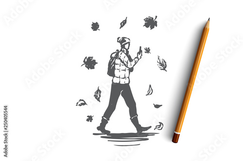 Autumn, man, fall, walking, season concept. Hand drawn isolated vector.