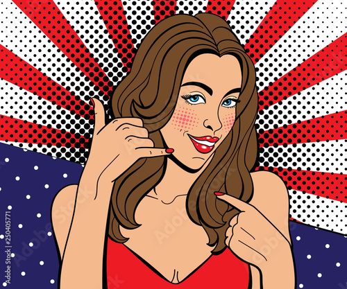 Sexy pop art woman with squinted eyes and open mouth. Vector background in comic style retro pop art. Invitation to a party. 
