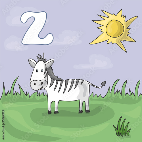 Illustrated alphabet letter Z and Zebra. ABC book image vector cartoon. Zebra is grazed on a meadow in a zoo. Children s illustrated alphabet character.
