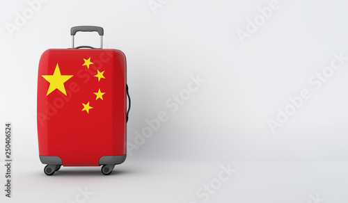 Travel suitcase with the flag of China. Holiday destination. 3D Render