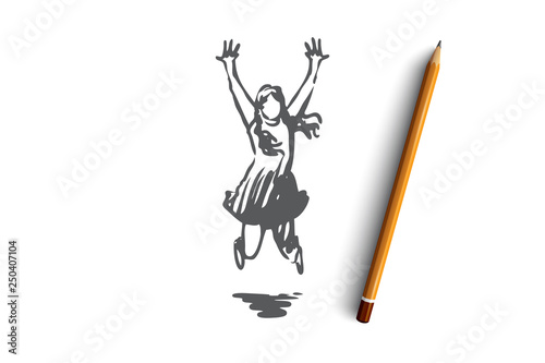 Girl, happy, jump, childhood, joy concept. Hand drawn isolated vector.
