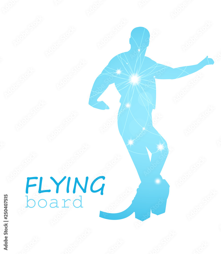 Abstract silhouette. Flying board man. Blue and white tones.