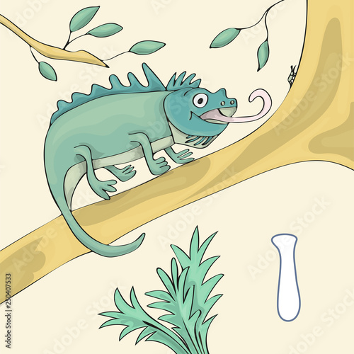 Illustrated alphabet letter I and Iguana. ABC book image vector cartoon. Iguana is standind on a branch of tree. Children's illustrated alphabet character.