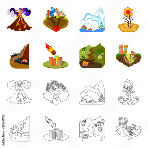 Vector illustration of weather and distress symbol. Set of weather and crash vector icon for stock.