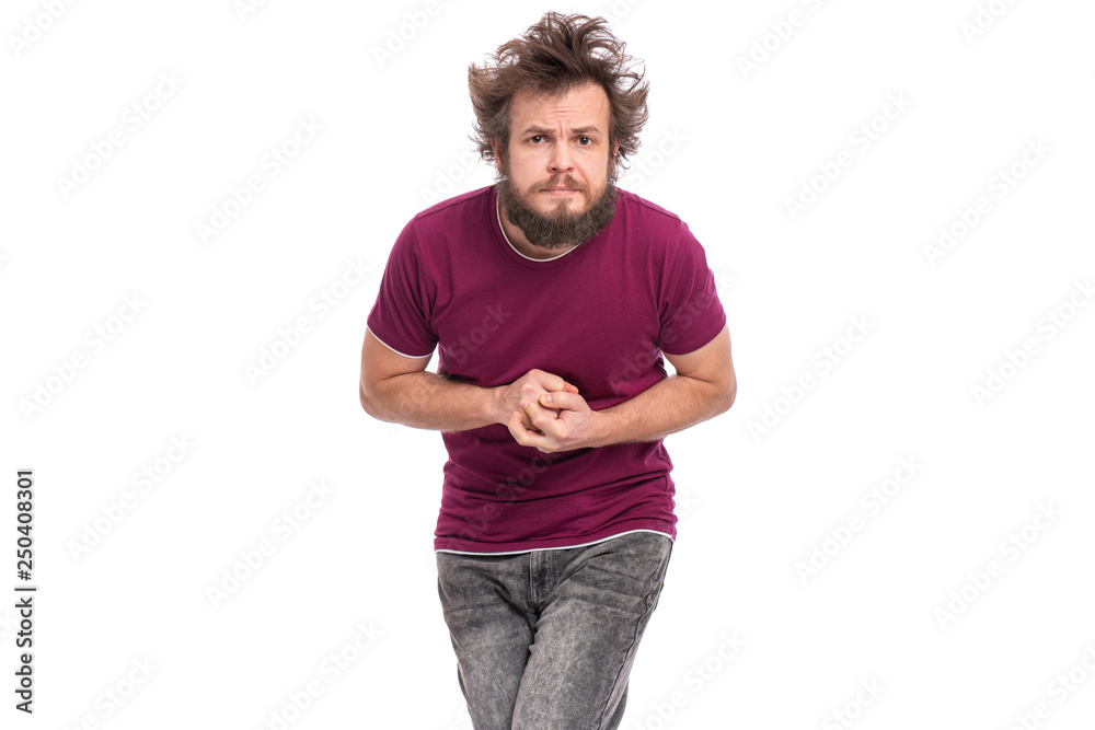 Crazy bearded modest and embarrassed Man with funny Haircut, isolated on white background. He is Shy and looking in camera with doubt. Emotions and signs concept. Crazy bearded modest and embarrassed Man with funny Haircut, isolated on white background. He is Shy and looking in camera with doubt. Emotions and signs concept.