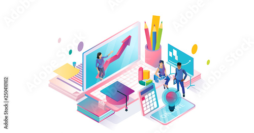 Online courses isometric cyberspace and tiny persons concept illustration.