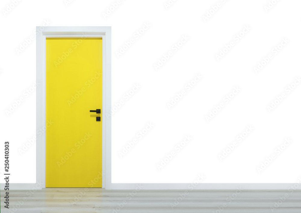 Yellow door with black handle isolated on a white background and wooden floor Yellow door with black handle isolated on a white background and wooden floor