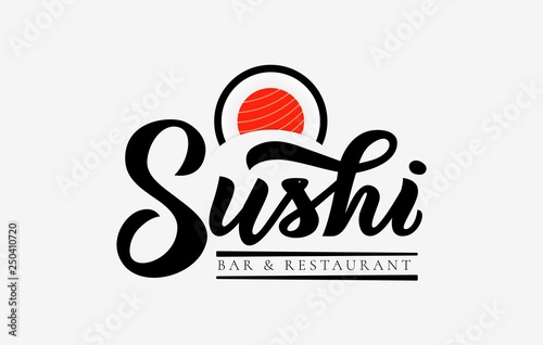 Sushi bar and restaurant hand lettering modern calligraphy, emblem of Japanese food with icon shape of sushi, roll and sticks.Vector logo