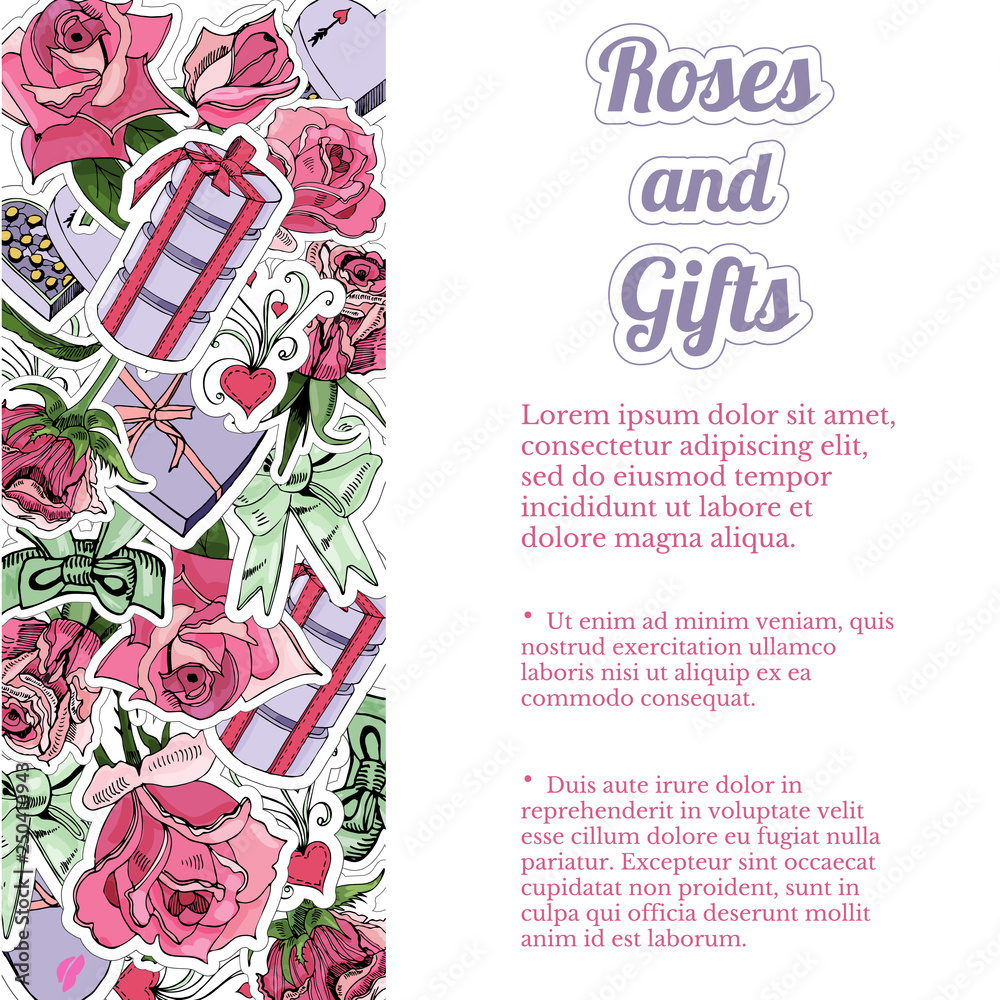 Fototapeta premium Rectangle composition of hand draw and color sketch of pink rose flowers and leaves, sweetmeat, bowes and other gifts.