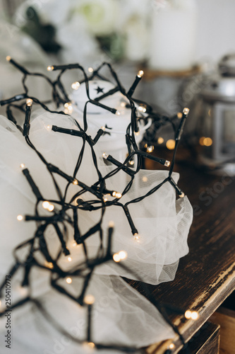  beautiful piece of interior garland with lights. selective focus