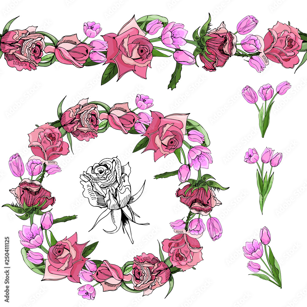 Color wreath and endless brush with pink rose and tulip flowers with leaves isolated on white background. Hand drawn ink sketch. Color wreath and endless brush with pink rose and tulip flowers with leaves isolated on white background. Hand drawn ink sketch.