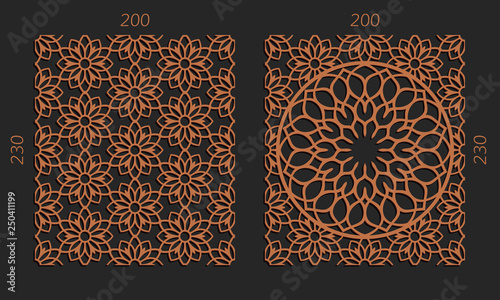 Laser cutting set. Woodcut vector trellis panels. Plywood lasercut floral design. Hexagonal seamless patterns for printing, engraving, paper cut. Stencil lattice ornaments.