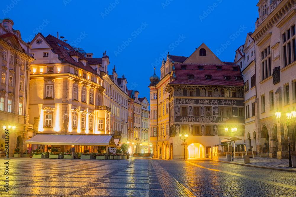 Old Historic Prague square at night with old lamps