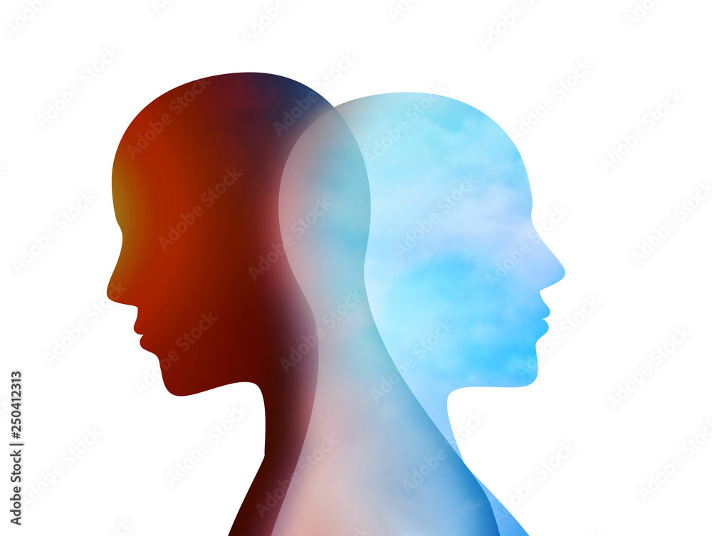 Concept change of mood. Emotions. Bipolar disorder mind mental. Split personality. Dual personality. Isolated head silhouette of man Concept change of mood. Emotions. Bipolar disorder mind mental. Split personality. Dual personality. Isolated head silhouette of man