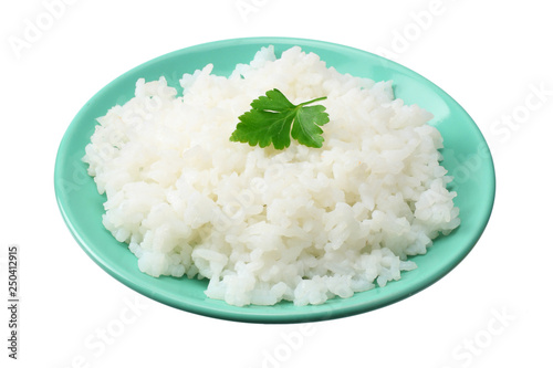 White rice in blue bowl isolated on white background