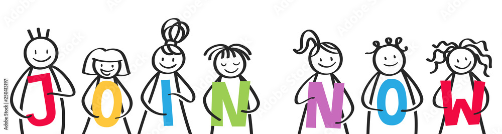 JOIN NOW, stick figures holding colorful letters JOIN NOW, stick figures holding colorful letters