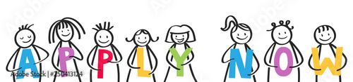 APPLY NOW, stick figures holding colorful letters