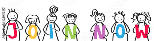 JOIN NOW, stick figures holding colorful letters