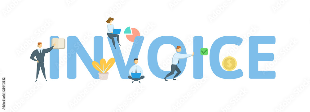 INVICE. Concept with people, letters and icons. Colored flat vector illustration. Isolated on white background.
