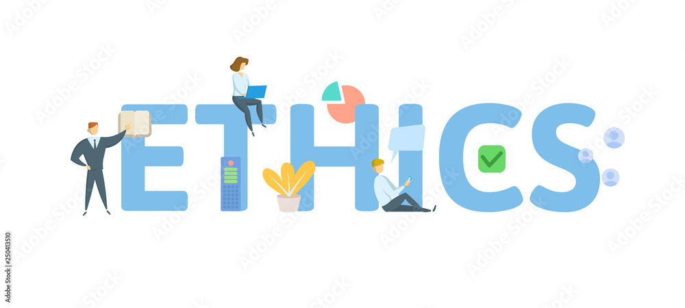 ETHICS. Concept with people, letters and icons. Colored flat vector illustration. Isolated on white background.