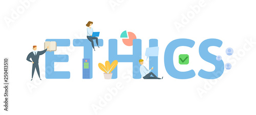 ETHICS. Concept with people, letters and icons. Colored flat vector illustration. Isolated on white background.