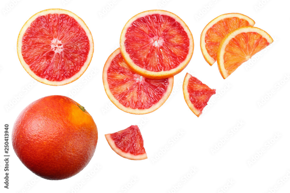 Red blood orange fruit with slices isolated on white background. top view Red blood orange fruit with slices isolated on white background. top view