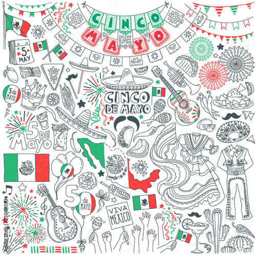 Cinco de Mayo celebration doodle set. Traditional mexican party decoration. Hand drawn vector illustration isolated on white background.