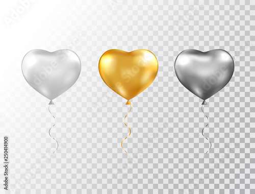 Helium heart balloons set isolated on transparent background. Foil glossy gold, silver and black festive balloons. Baloon for anniversary, birthday party, wedding, grand opening. Vector illustration