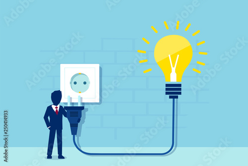 Vector of a businessman with electrical cord and bright idea light bulb plugging to power socket.