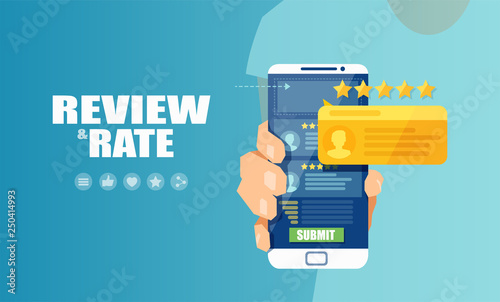 Vector of an online application on mobile phone to rate and review customer service