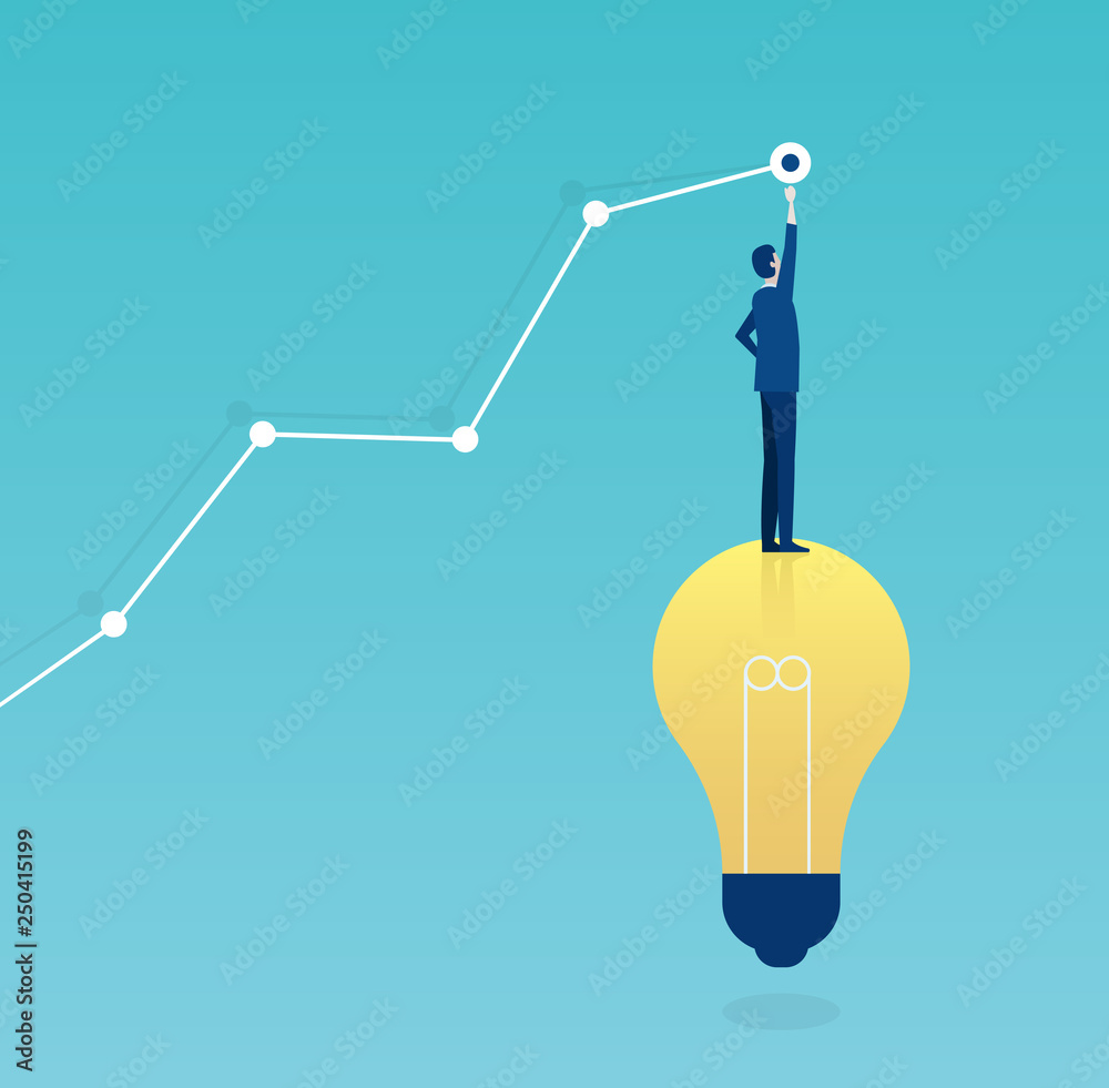 Vector of a successful businessman standing on a light bulb drawing a growing up graph Vector of a successful businessman standing on a light bulb drawing a growing up graph