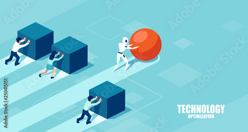 Vector of a robot pushing a sphere leading the race against a group of slower businesspeople pushing boxes photo