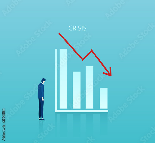 Vector of a sad businessman looking at a graph falling down.