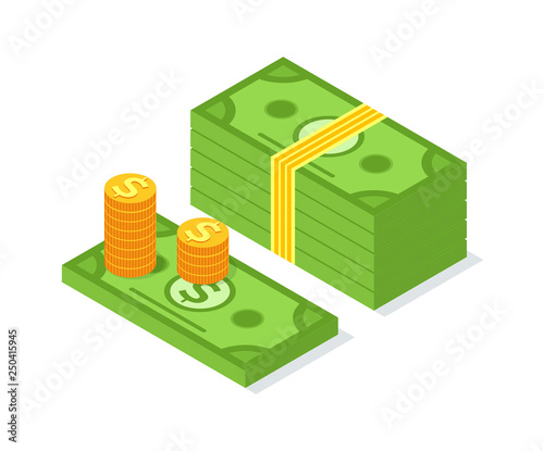 Crowdfunding money pack and golden coins isolated on white. Finance and cash, credit payment and investors support, profit and credit, business concept
