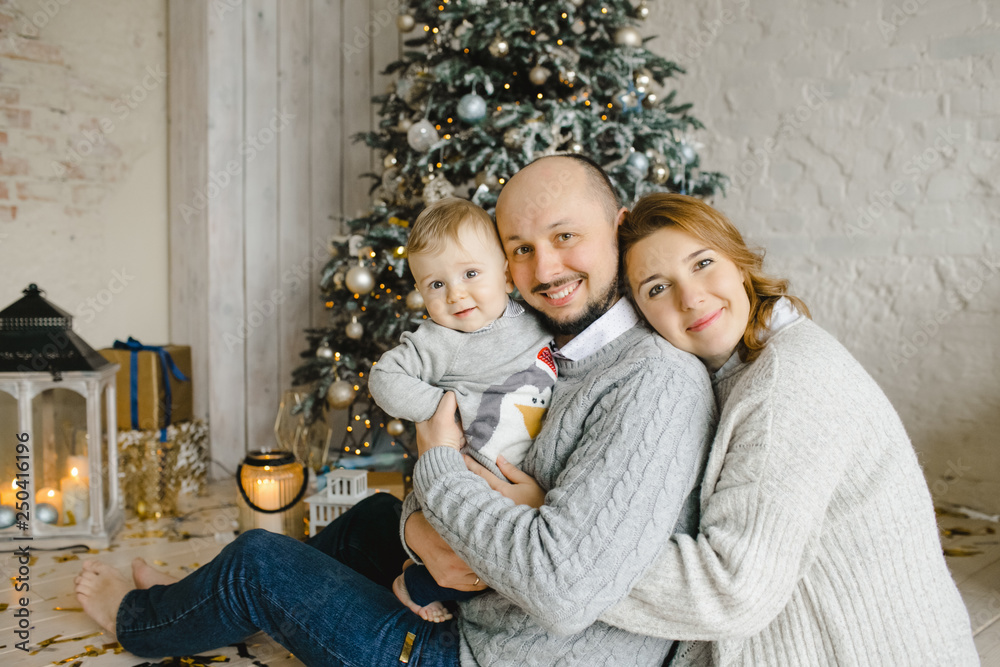 Christmas family portrait. Charming man, woman and their little son have fun posing before a Christmas tree in a bright room Christmas family portrait. Charming man, woman and their little son have fun posing before a Christmas tree in a bright room