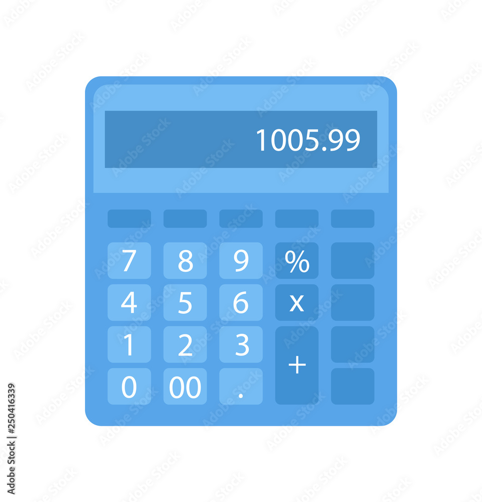 Calculator with buttons and numerals in blue. Object for making electronic counting, finance and credits. Flat keyboard with number, estimation vector Calculator with buttons and numerals in blue. Object for making electronic counting, finance and credits. Flat keyboard with number, estimation vector