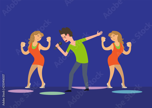 Male singer and dancing girls fan dancers in club vector. Man holding microphone expressing himself, musician giving performance star clubbing party