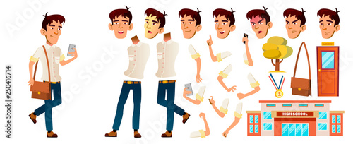 Asian Boy Schoolboy Kid Vector. High School Child. Animation Creation Set. Face Emotions, Gestures. School Student. Cheer, Pretty, Youth. For Postcard, Cover, Placard Design. Animated. Illustration