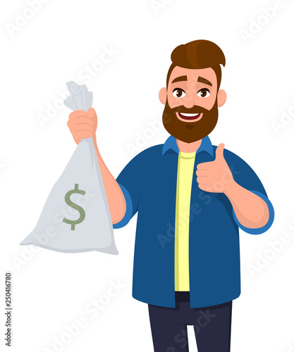 Rich young man is holding money, cash bag in hand and gesturing thumbs up sign. Successful business and finance concept illustration in vector cartoon flat style.