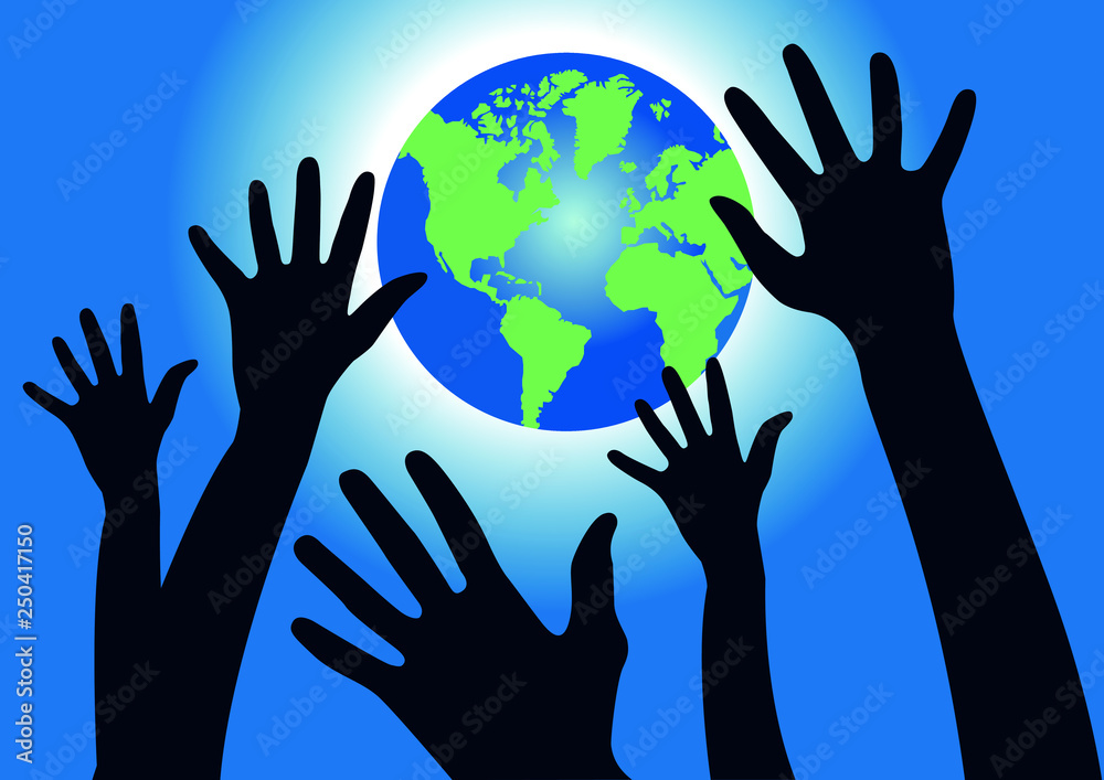 Black silhouette hands reaching into the air against the World globe with blue sky and light rays - vector illustration